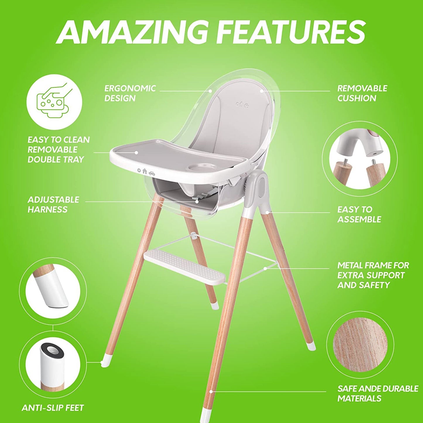 Children of Design 6 in 1 Deluxe Wooden High Chair for Babies & Toddlers, Modern Safe & Compact Baby Highchair